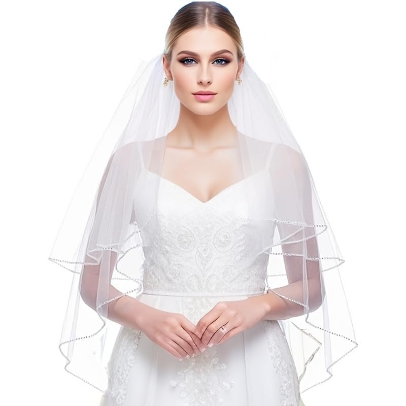 ROSEEDEN two ties 2T Lace Veil wedding bridal woman short veil soft tulle veil with metal comb (Ivory, Crystal Edge Length 25"+33" Width 59")