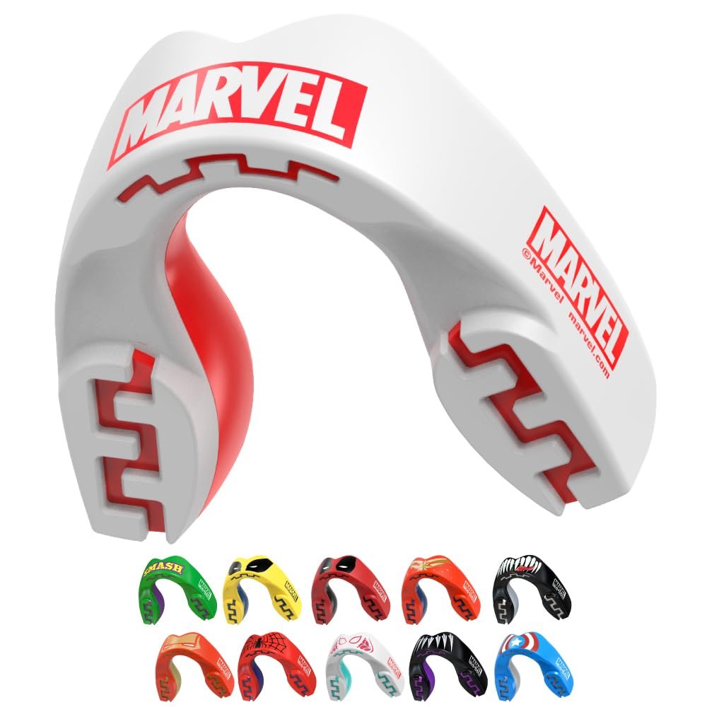 Marvel Logo Mouth Guard, Dual Layer Mouthguard for Youth with Case, Easy Fit Remoldable Mouthpiece for Football, Boxing, Lacrosse, MMA, Basketball & All Contact Sports (Kids <11 Years, White)