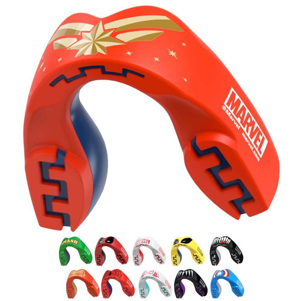 Marvel Captain Marvel Metallic Mouth Guard, Dual Layer Mouthguard for Adults with Case, Easy Fit Remoldable Mouthpiece for Football, Boxing, Lacrosse, MMA & All Contact Sports (Adult 12+ Years, Red)