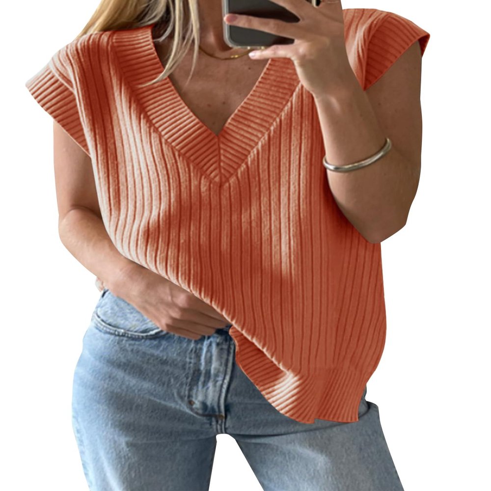 Saodimallsu Womens V Neck Sweater Vest Oversized Ribbed Knit Sleeveless Casual Loose Fit Pullover Tank Top