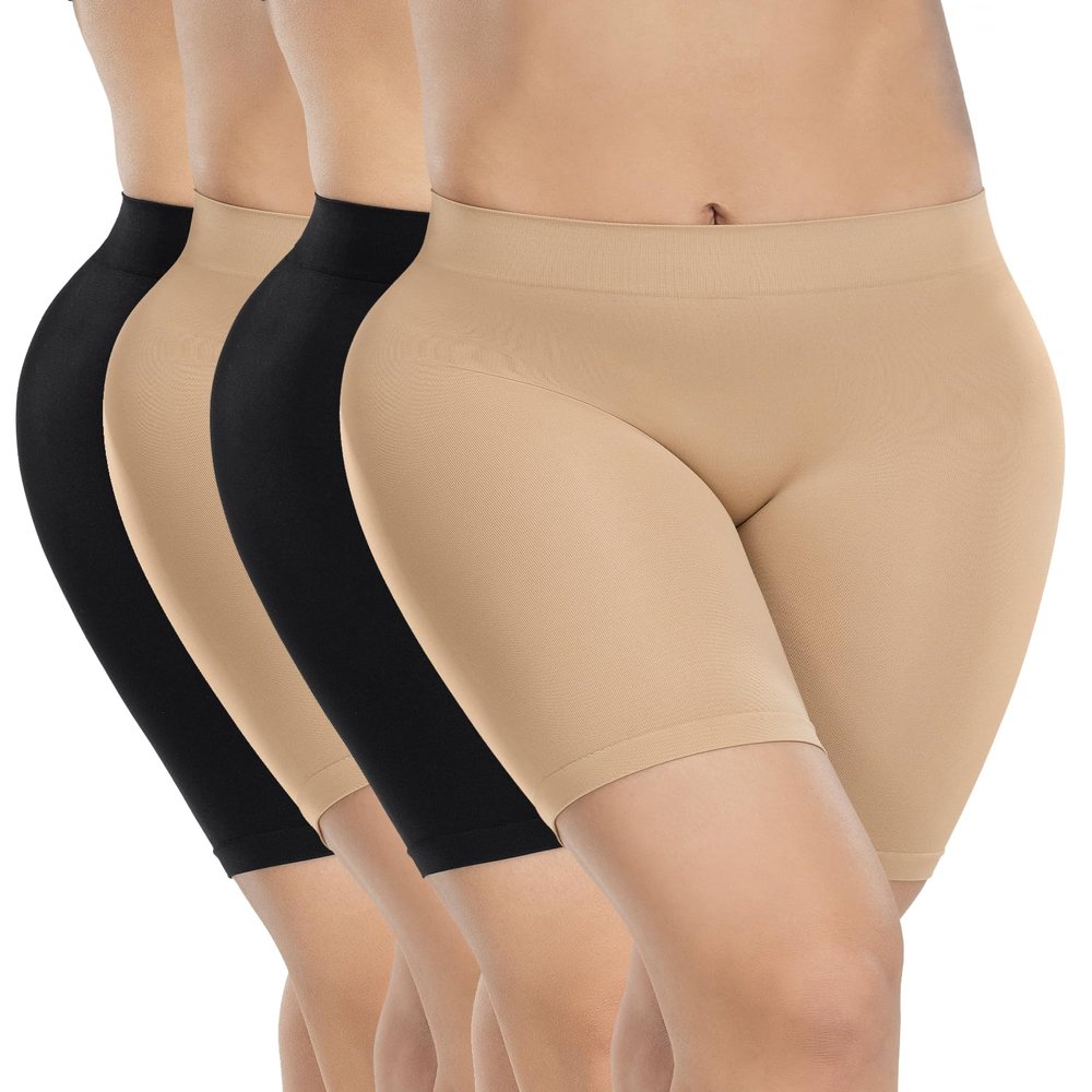 ATTLADY Slip Shorts for Women Seamless Smooth Boyshort Panties Anti-Chafing Underwear Shorts for Dresses, 2Black&2Nude, Large