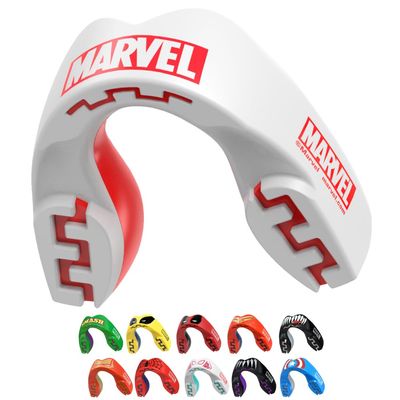 Marvel Logo Mouth Guard, Dual Layer Mouthguard for Adults with Case, Easy Fit Remoldable Mouthpiece for Football, Boxing, Lacrosse, MMA, Basketball & All Contact Sports (Adult 12+ Years, White)