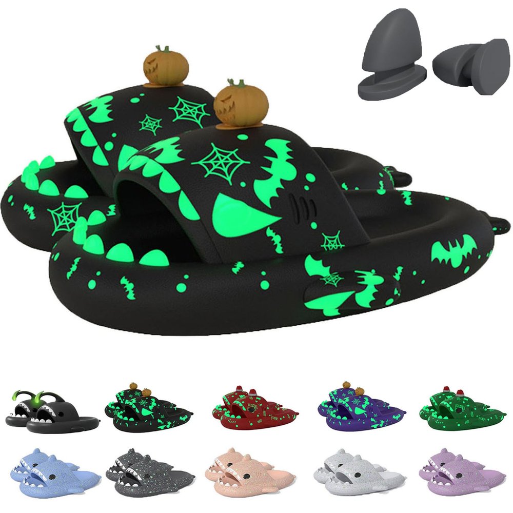 Jfxgjuv Sharklas Polares, Sharky Chanclas Originales, Anglerfish Slides, Cloud Shark Slides in The Dark Thick Sole Non-Slip Open Toe Shark Slippers (Black 1,7.5-8 Women/5.5-6 Men)
