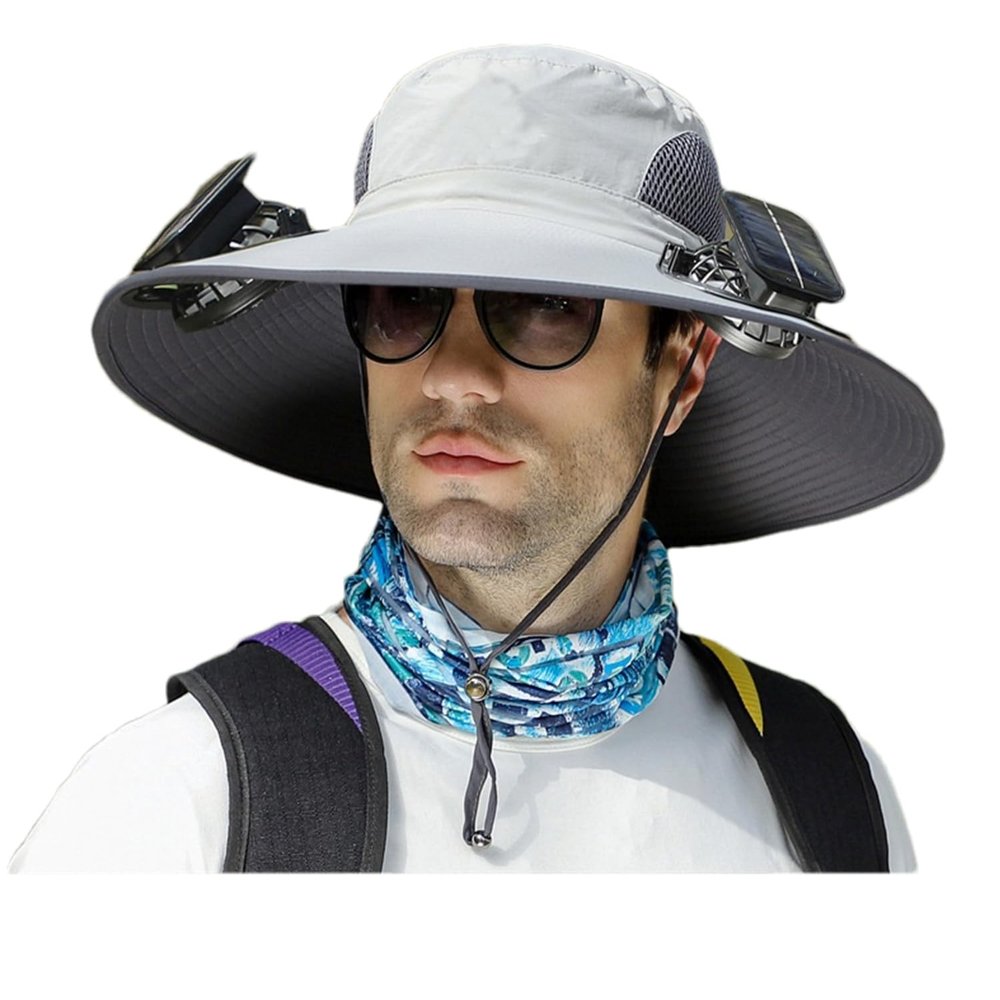 Jeeeun Wide Brim Solar Fan Outdoor Fishing Hat-Solar & USB Charging, UPF 50+ Sun Hat UV Protection Hat, Hat with Fan Built in Solar (C,One Size)