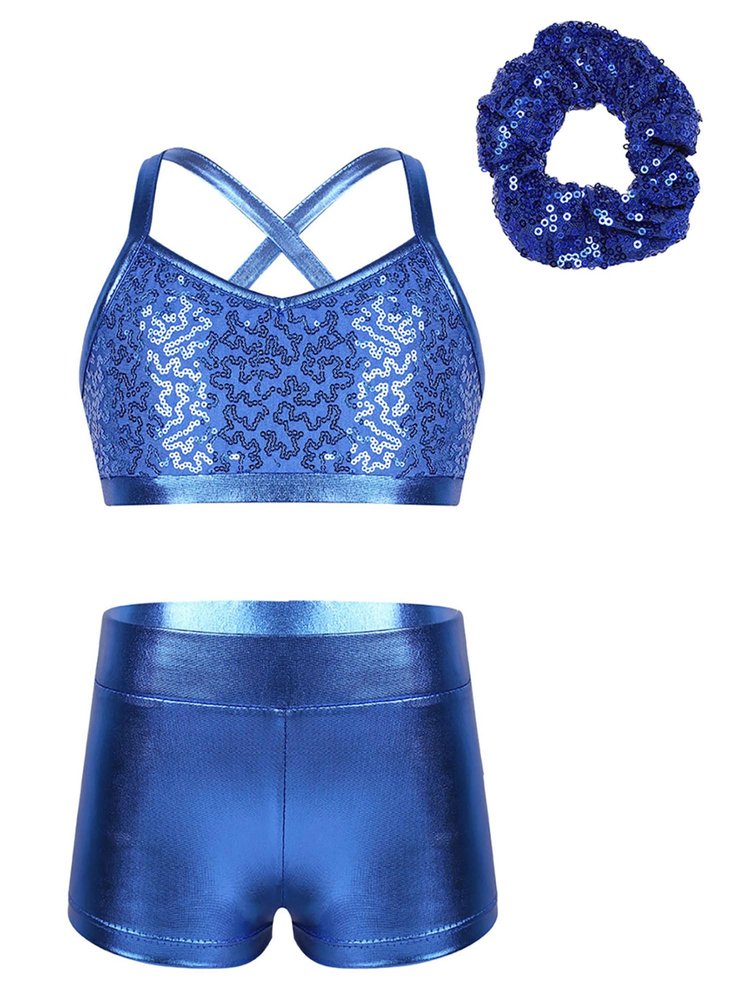 Lorilida Girls 3 Pieces Dance Outfit Sport Crop Top Bra with Shorts Hair Tie Set Gymnastics Workout Tracksuit Light Blue 12 Years