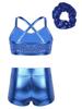 Lorilida Girls 3 Pieces Dance Outfit Sport Crop Top Bra with Shorts Hair Tie Set Gymnastics Workout Tracksuit Light Blue 12 Years view 2