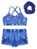 Lorilida Girls 3 Pieces Dance Outfit Sport Crop Top Bra with Shorts Hair Tie Set Gymnastics Workout Tracksuit Light Blue 12 Years view 3