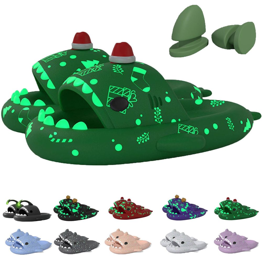 Jfxgjuv Sharklas Polares, Sharky Chanclas Originales, Anglerfish Slides, Cloud Shark Slides in The Dark Thick Sole Non-Slip Open Toe Shark Slippers (Green,9.5-10 Women/7.5-8 Men)