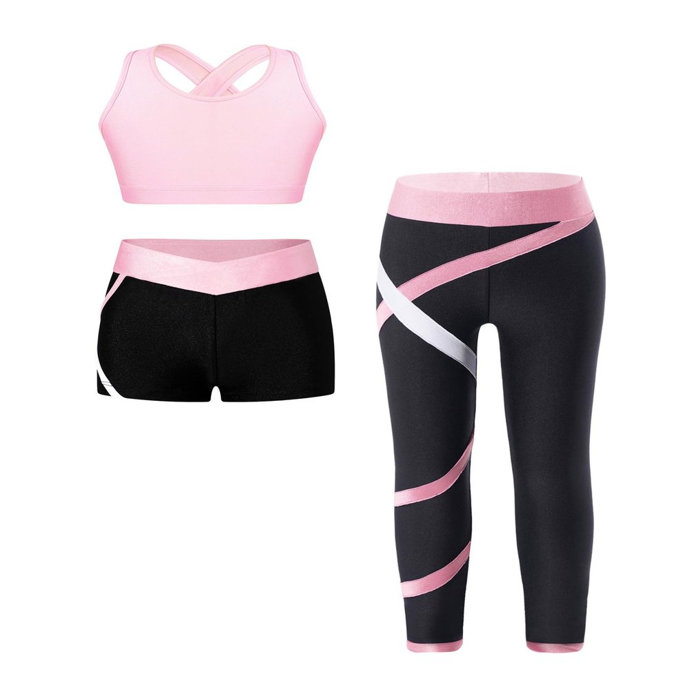 dPois Kids 3 Piece Dance Outfit Tracksuit Girls Cross Nack Tank Sport Bra with Yoga Pants Leggings Ballet Shorts Set Pink 10 Years