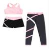 dPois Kids 3 Piece Dance Outfit Tracksuit Girls Cross Nack Tank Sport Bra with Yoga Pants Leggings Ballet Shorts Set Pink 10 Years view 3
