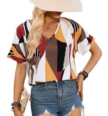 Lymzpwg Summer Women's Printed V-Neck Short-Sleeved Tops T-Shirt Shirt (Color : Red, Size : Medium)