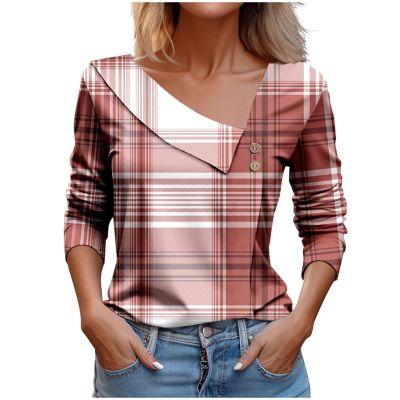 2025, Summer Tops for Women 2024 Trendy Casual Long Sleeve Dressy Blouses Elegant Asymmetric V Neck Button Tshirts Shirts Fashion Vintage Graphic Tees Western Outfits Clothing(B Red,Small)