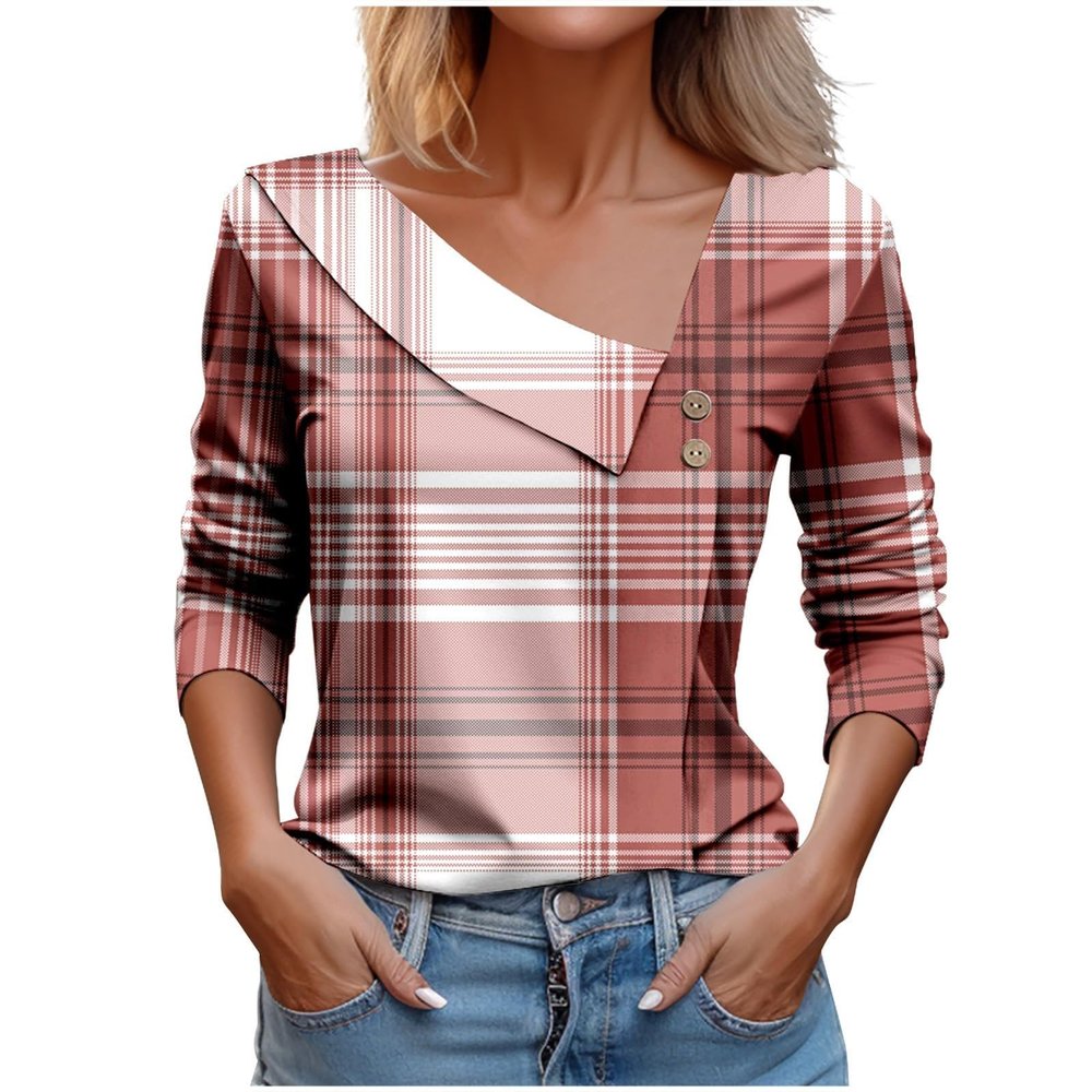 2025, Summer Tops for Women 2024 Trendy Casual Long Sleeve Dressy Blouses Elegant Asymmetric V Neck Button Tshirts Shirts Fashion Vintage Graphic Tees Western Outfits Clothing(B Red,Small)