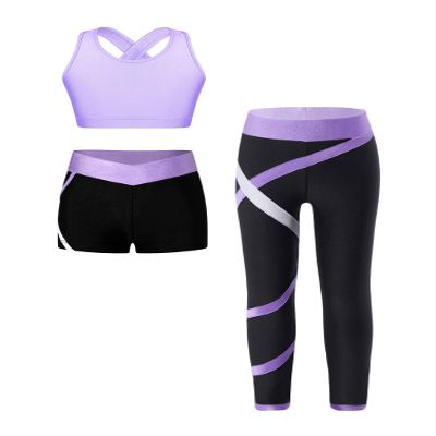 dPois Kids 3 Piece Dance Outfit Tracksuit Girls Cross Nack Tank Sport Bra with Yoga Pants Leggings Ballet Shorts Set Lavender 12 Years