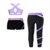 dPois Kids 3 Piece Dance Outfit Tracksuit Girls Cross Nack Tank Sport Bra with Yoga Pants Leggings Ballet Shorts Set Lavender 12 Years view 2