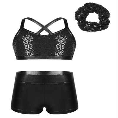 Lorilida Girls 3 Pieces Dance Outfit Sport Crop Top Bra with Shorts Hair Tie Set Gymnastics Workout Tracksuit Black 6 Years