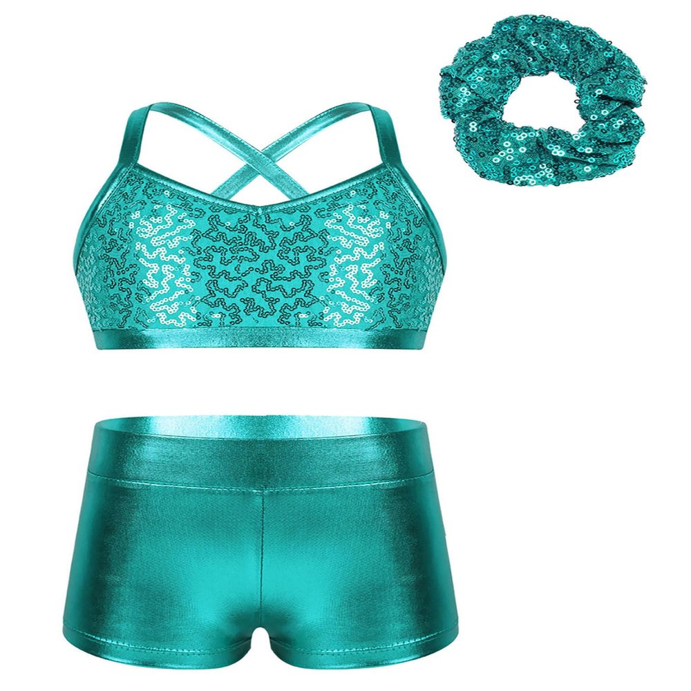 Lorilida Girls 3 Pieces Dance Outfit Sport Crop Top Bra with Shorts Hair Tie Set Gymnastics Workout Tracksuit Lake Blue 14 Years