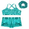 Lorilida Girls 3 Pieces Dance Outfit Sport Crop Top Bra with Shorts Hair Tie Set Gymnastics Workout Tracksuit Lake Blue 14 Years view 3