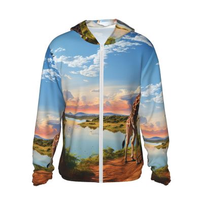 African Landscape with Nile River and Giraffe Sun Protection Hoodie Women Men Jacket UPF 50+ Long Sleeve Sun Shirt Full Zip Rash Guard Black