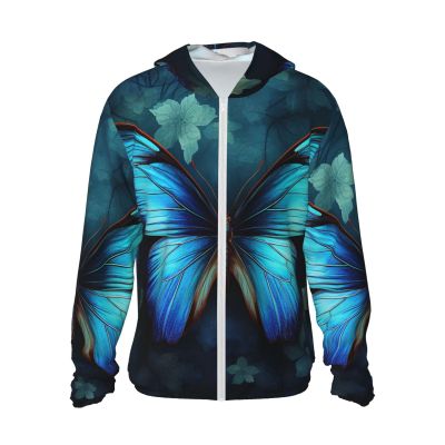 Blue Butterfly Pattern Sun Protection Hoodie Women Men Jacket UPF 50+ Long Sleeve Sun Shirt Full Zip Rash Guard