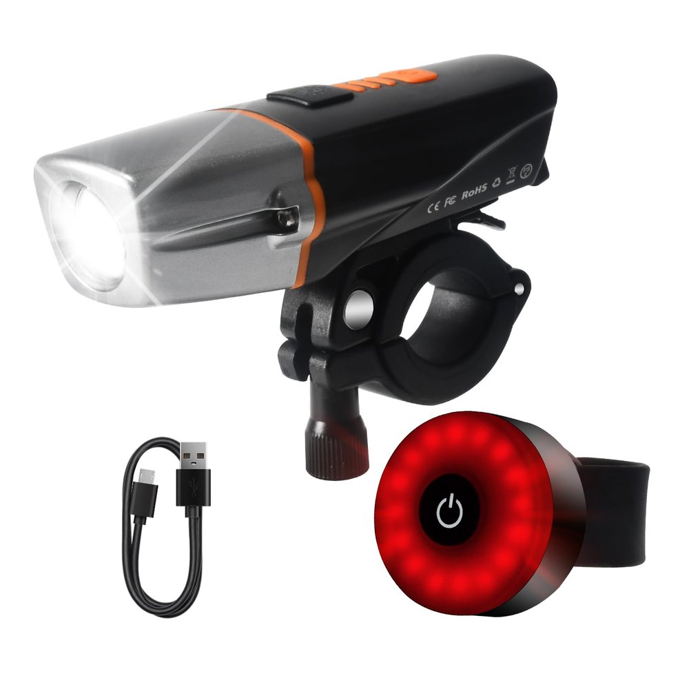 Spolite Bike Head and Tail Light Set, Smart Automatic Head Lamp, IP65 Waterproof, 5 Modes Taillight, Front and Rear Taillight Reflectors for Road, Mountain, Night Riding
