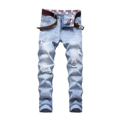 SWJGLITTR Mens Slim Fit Washed Denim Trousers Straight Destroyed for Men Jean Pants Mid Waist Ripped Distressed Jeans (Light Blue,38)