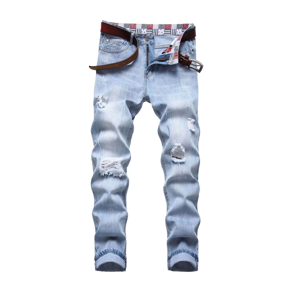 SWJGLITTR Mens Slim Fit Washed Denim Trousers Straight Destroyed for Men Jean Pants Mid Waist Ripped Distressed Jeans (Light Blue,38)