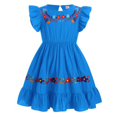 Baby Girls Mexican Dress Floral Colorful Embroidered Ruffle Dresses Toddler Flutter Sleeve Cinco De Mayo Fiesta Outfit Kids Peasant Traditional Ethnic Wear Mexico Themed Clothes Blue 12-18 Months