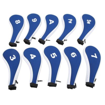 Yuecoom Golf Iron Head Covers, 10PCS Golf Club Covers Numbered Neoprene Iron Zippered Head Protector Set for Golf Accessories Outdoor Courts(Blue+White)