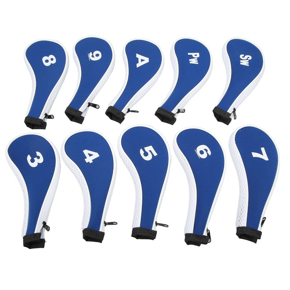 Yuecoom Golf Iron Head Covers, 10PCS Golf Club Covers Numbered Neoprene Iron Zippered Head Protector Set for Golf Accessories Outdoor Courts(Blue+White)