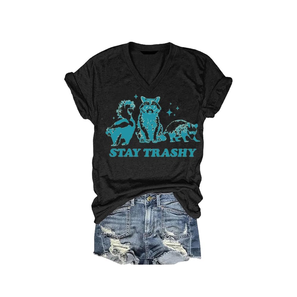 MOGUI Stay Trashy T-Shirt Stay Trashy Tank Top Stay Trashy Tank Casual Vintage T-Shirts Funny Letter V Neck Tee Funny Tank Black, Small
