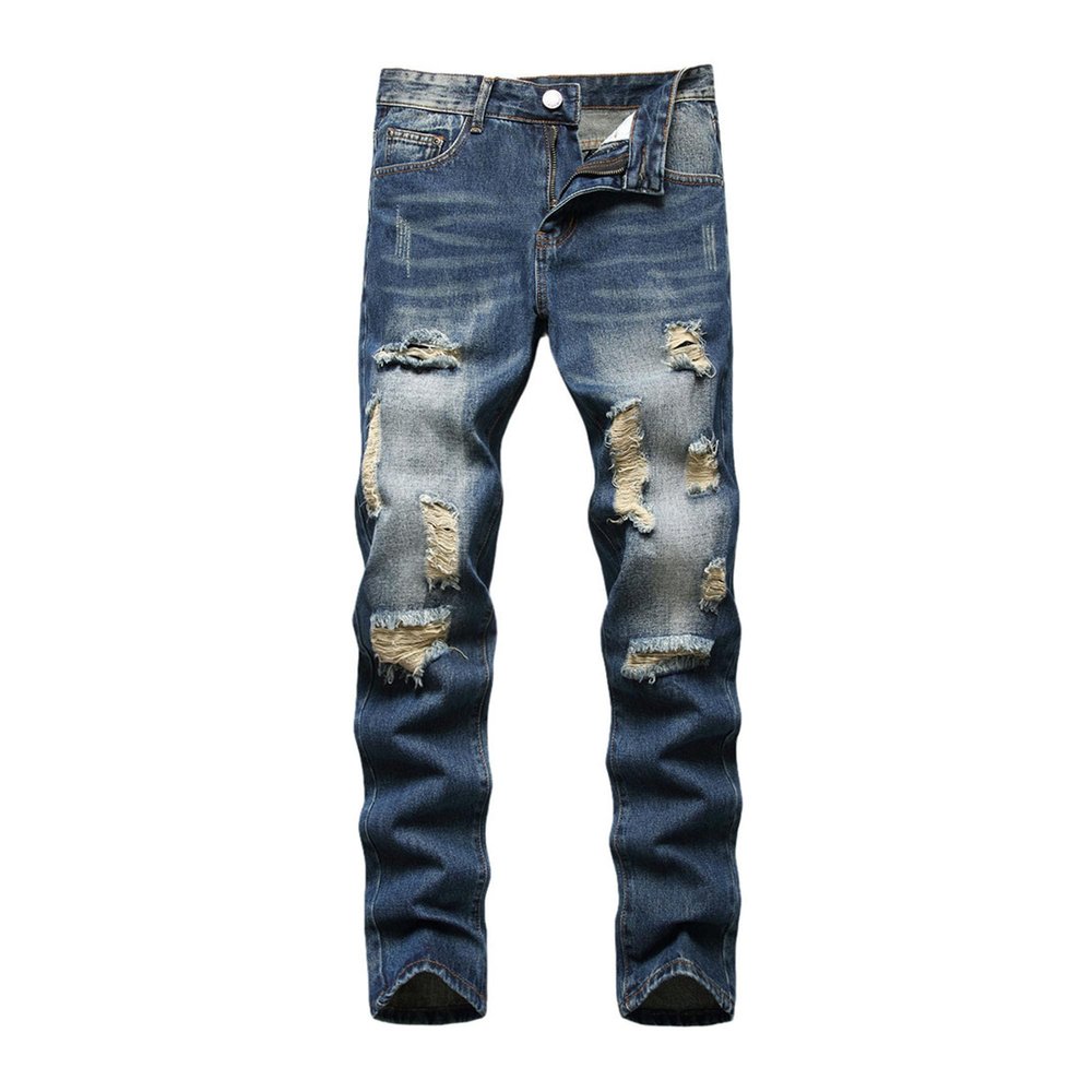Men's Ripped Straight Denim Pant Biker Ripped Skinny Distressed Jeans Washed Cargo Distressed Jean Pants (Blue 4,38)