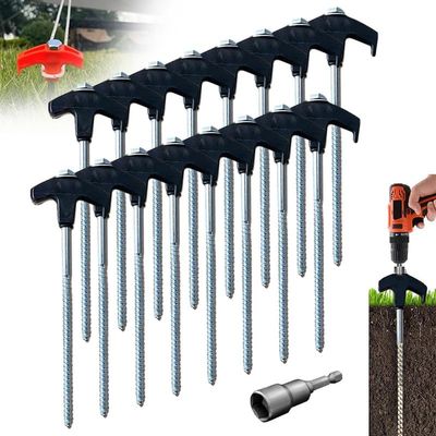 8" Screw in Tent Stakes - Ground Anchors Screw in, 2024 Upgraded Drillable Tent Stakes, Heavy Duty Metal Stake Ground Anchor Peg Threaded Tent Spikes with 1 Hex Head Driver