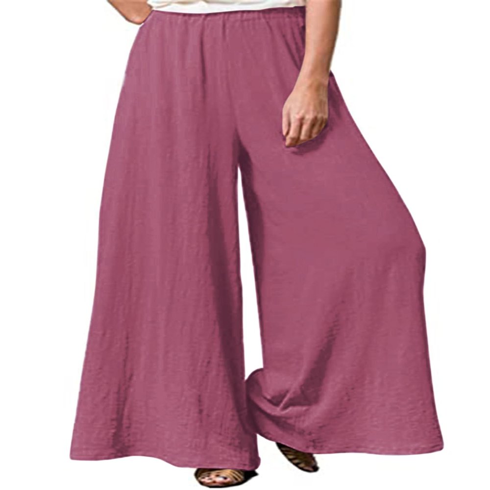 Hisanny Womens Plus Size Linen Pants Wide Leg Palazzo Trousers High Elastic Waist Flowy Culottes with Pockets Red Violet X-Large
