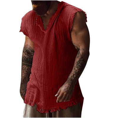 Men Distressed Linen Tank Tops Raw Edge V-Neck Sleeveless Hunting Shirts Summer Casual Vintage Hippie T-Shirts Red