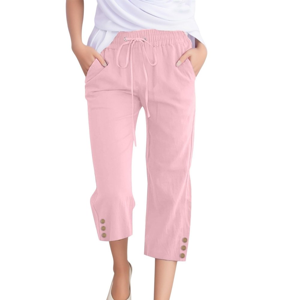 Linen Capri Pants for Women Casual Loose Wide Leg Trousers with Pockets Summer Drawstring High Waisted Cropped Pants Linen Pants Women Petite Wide Leg Capri Pants Straight Leg Yoga Pants
