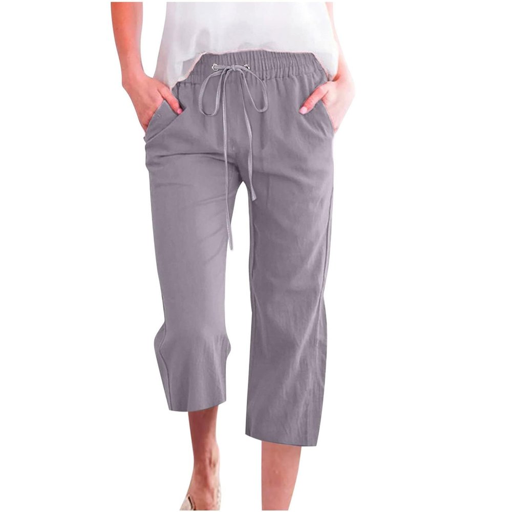Linen Capri Pants for Women Casual Loose Wide Leg Capris with Pockets Summer Drawstring High Waisted Cropped Pants Linen Pants for Women 2024 Wide Leg Capri Pants Straight Leg Yoga Pants