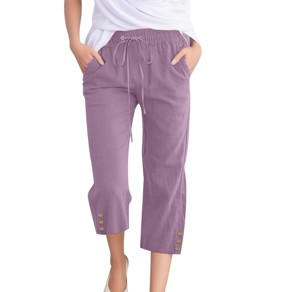 Linen Capri Pants for Women Casual Loose Wide Leg Trousers with Pockets Summer Drawstring High Waisted Cropped Pants Linen Pants Women Petite Wide Leg Capri Pants Womens Capri Yoga Pants