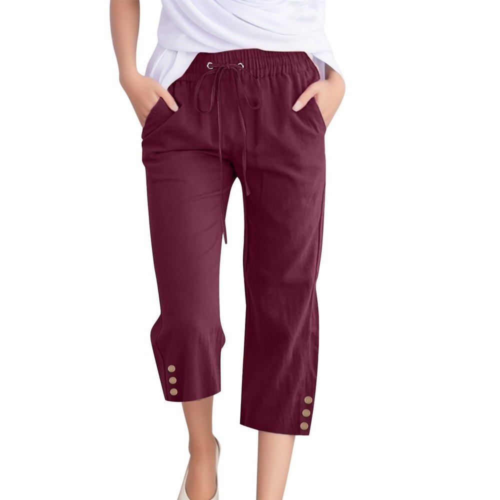 Linen Capris for Women Casual Loose Wide Leg Capris with Pockets Summer Elastic High Waisted Cropped Pants Linen Pants Women Petite Wide Leg Capri Pants Straight Leg Yoga Pants