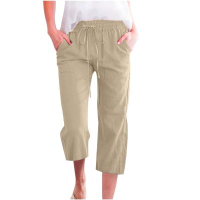 Linen Capris for Women Casual Loose Wide Leg Trousers with Pockets Summer Drawstring High Waisted Cropped Pants Linen Pants Women Petite Wide Leg Capri Pants Straight Leg Yoga Pants
