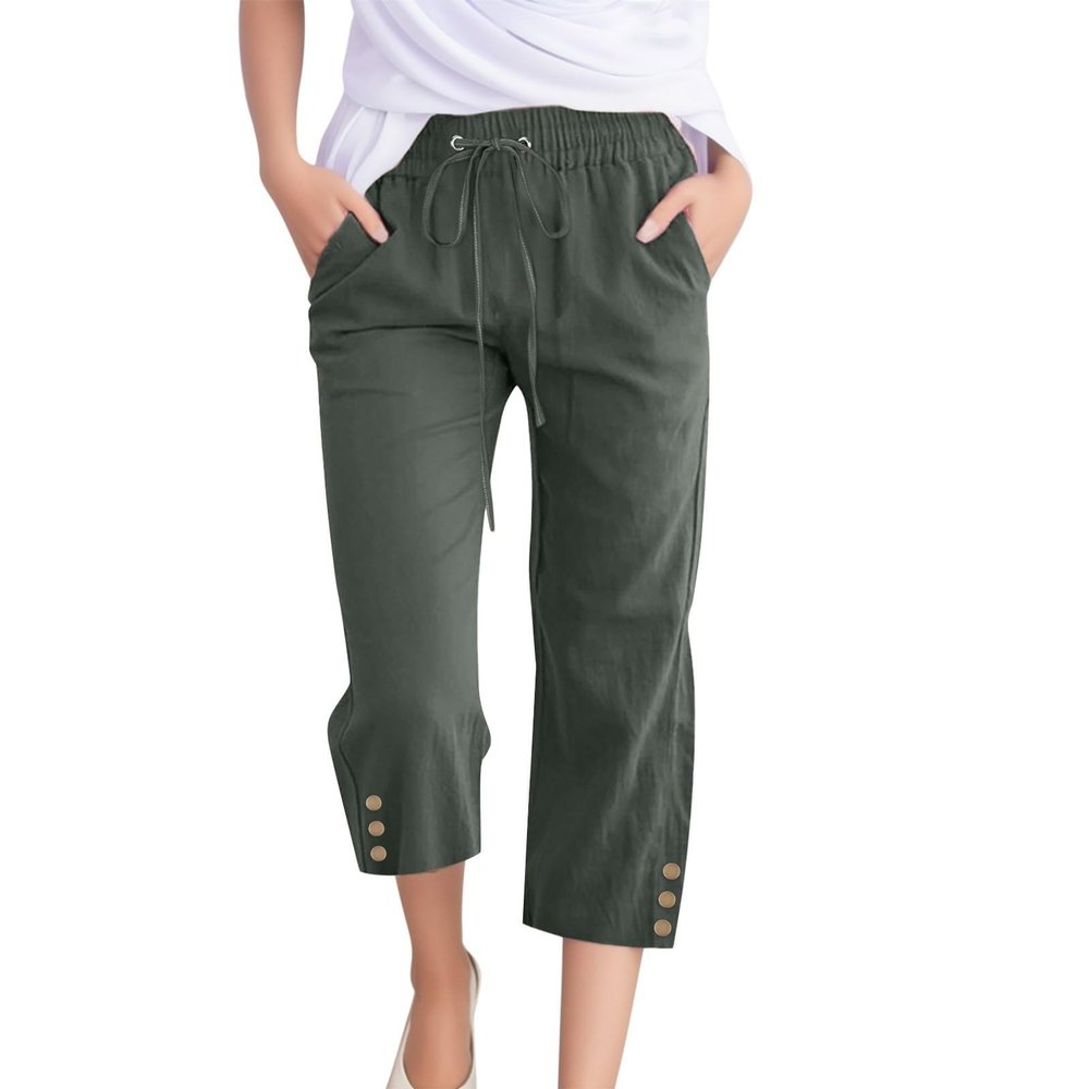 Linen Capris for Women Casual Loose Wide Leg Trousers with Pockets Summer Drawstring High Waisted Cropped Pants Linen Pants Women Petite Wide Leg Trouser Pants Straight Leg Yoga Pants