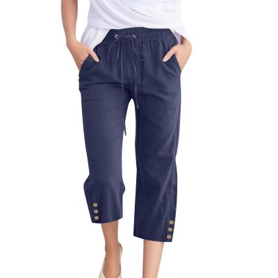 Linen Capris for Women Casual Loose Wide Leg Capris with Pockets Summer Elastic High Waisted Cropped Pants Linen Pants Women Petite Wide Leg Capri Pants Womens Capri Yoga Pants