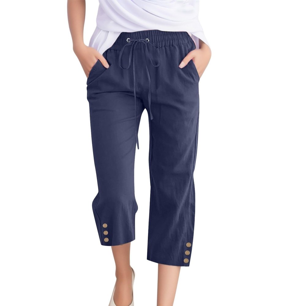 Linen Capris for Women Casual Loose Wide Leg Capris with Pockets Summer Elastic High Waisted Cropped Pants Linen Pants Women Petite Wide Leg Capri Pants Womens Capri Yoga Pants