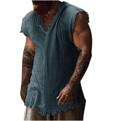 Men Distressed Linen Tank Tops Raw Edge V-Neck Sleeveless Hunting Shirts Summer Casual Vintage Hippie T-Shirts Blue