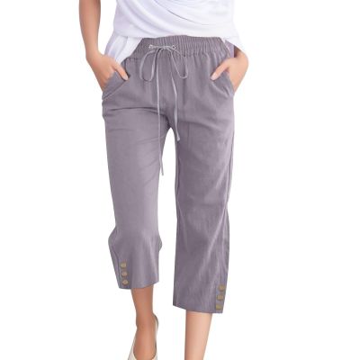 Linen Capris for Women Casual Loose Wide Leg Trousers with Pockets Summer Drawstring High Waisted Cropped Pants Linen Pants Women Petite Wide Leg Trouser Pants Womens Capri Yoga Pants