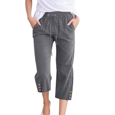 Linen Capris for Women Casual Loose Wide Leg Capris with Pockets Summer Drawstring High Waisted Cropped Pants Linen Pants Women Petite Wide Leg Capri Pants Womens Capri Yoga Pants
