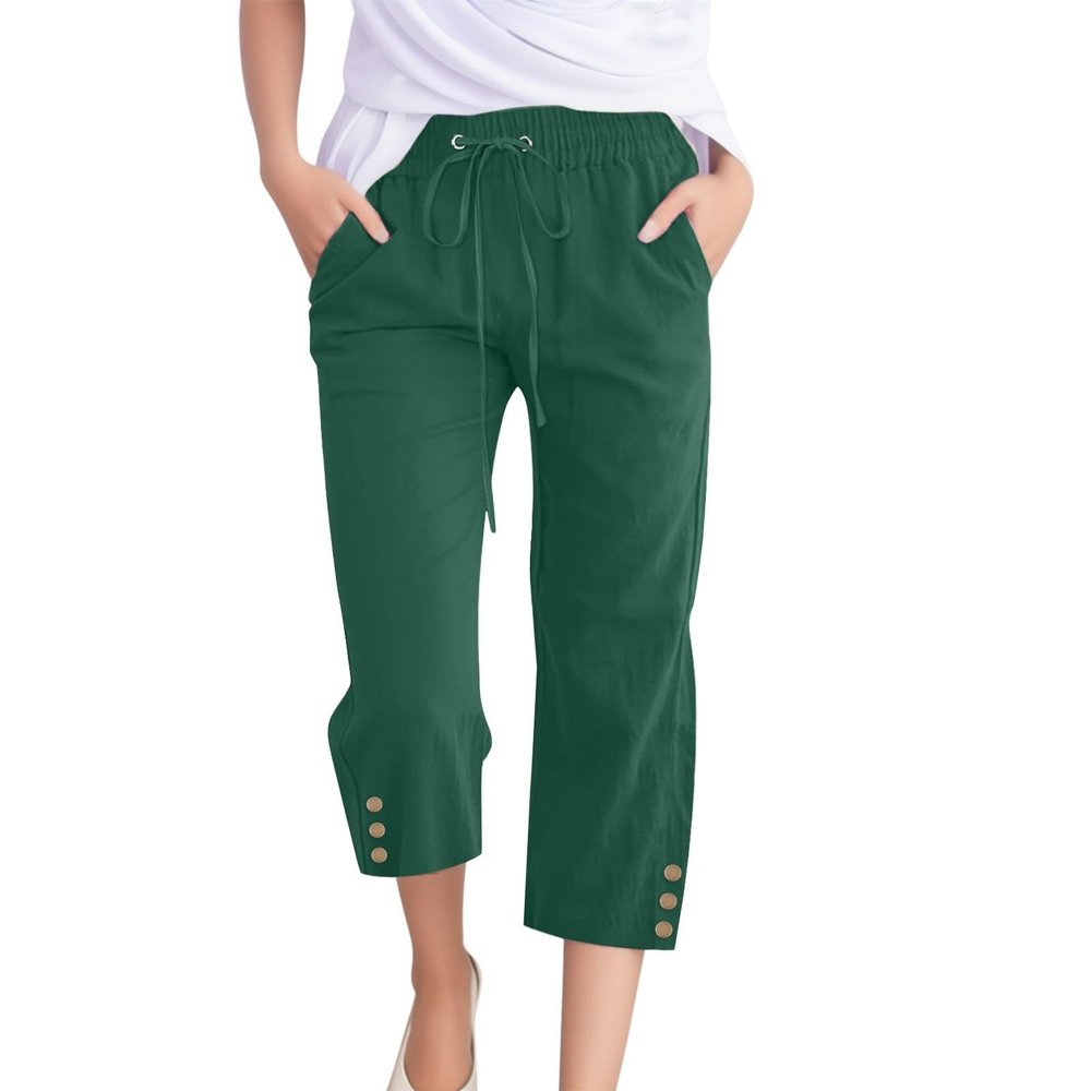 Linen Capri Pants for Women Casual Loose Wide Leg Trousers with Pockets Summer Elastic High Waisted Cropped Pants Linen Pants Women Petite Wide Leg Capri Pants Straight Leg Yoga Pants