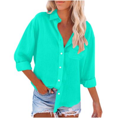 Akklian Womens Tops Casual Linen Blouses Tops V Neck Long Sleeve Button down Basic Shirts Summer Tops Tunic Tops with Pocket