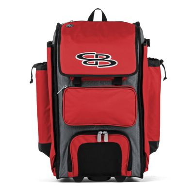 Boombah Rolling Catcher's Superpack Baseball/Softball Gear Bag - 23-1/2" x 13-1/2" x 9-1/2" - BM-9124C23 Gray/Red - Telescopic Handle - Holds 4 Bats - Wheeled Version