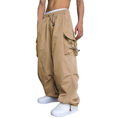 WZIKAI Men's Baggy Cargo Pants Casual Parachute Cargo Pants Loose Fit Hip Hop Harem Pants with Pockets Khaki XXL